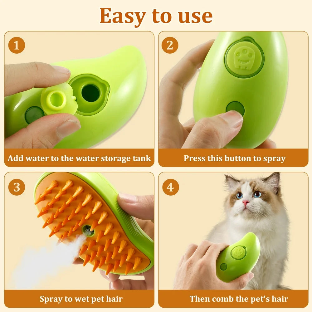 3 in 1 Steamy Cat Brush,Cat Steam Brush for Massage Removing Tangled Loose Hair,Self Cleaning Steam Cat Grooming Brush,Misting Spray Cat Brush for Shedding with Water Tank,Yellow