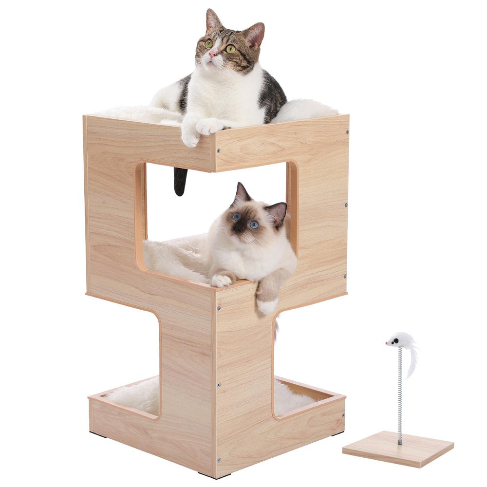 23" Wood Cat House Furniture for Indoor Cats, Modern Cat Tree Tower Bed with Free Cat Toy, Scratching Pad and Removable Soft Mats, Small Cat Condo, Beige